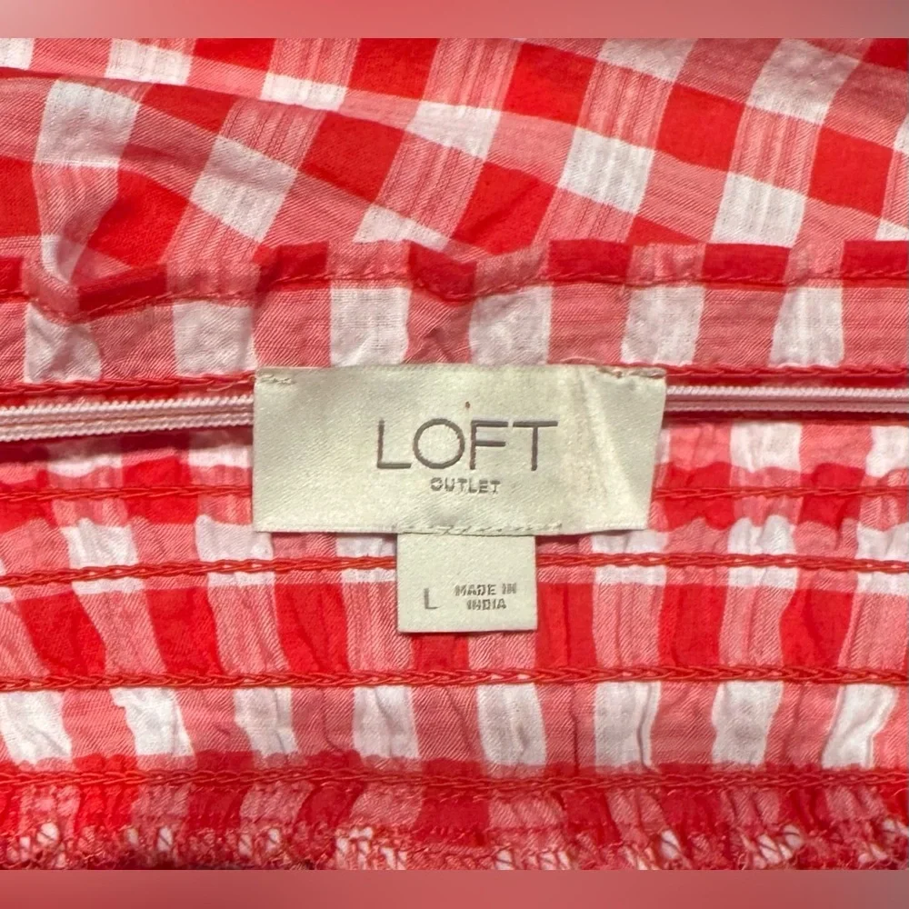 LOFT Red and White Gingham Off-Shoulder Blouse